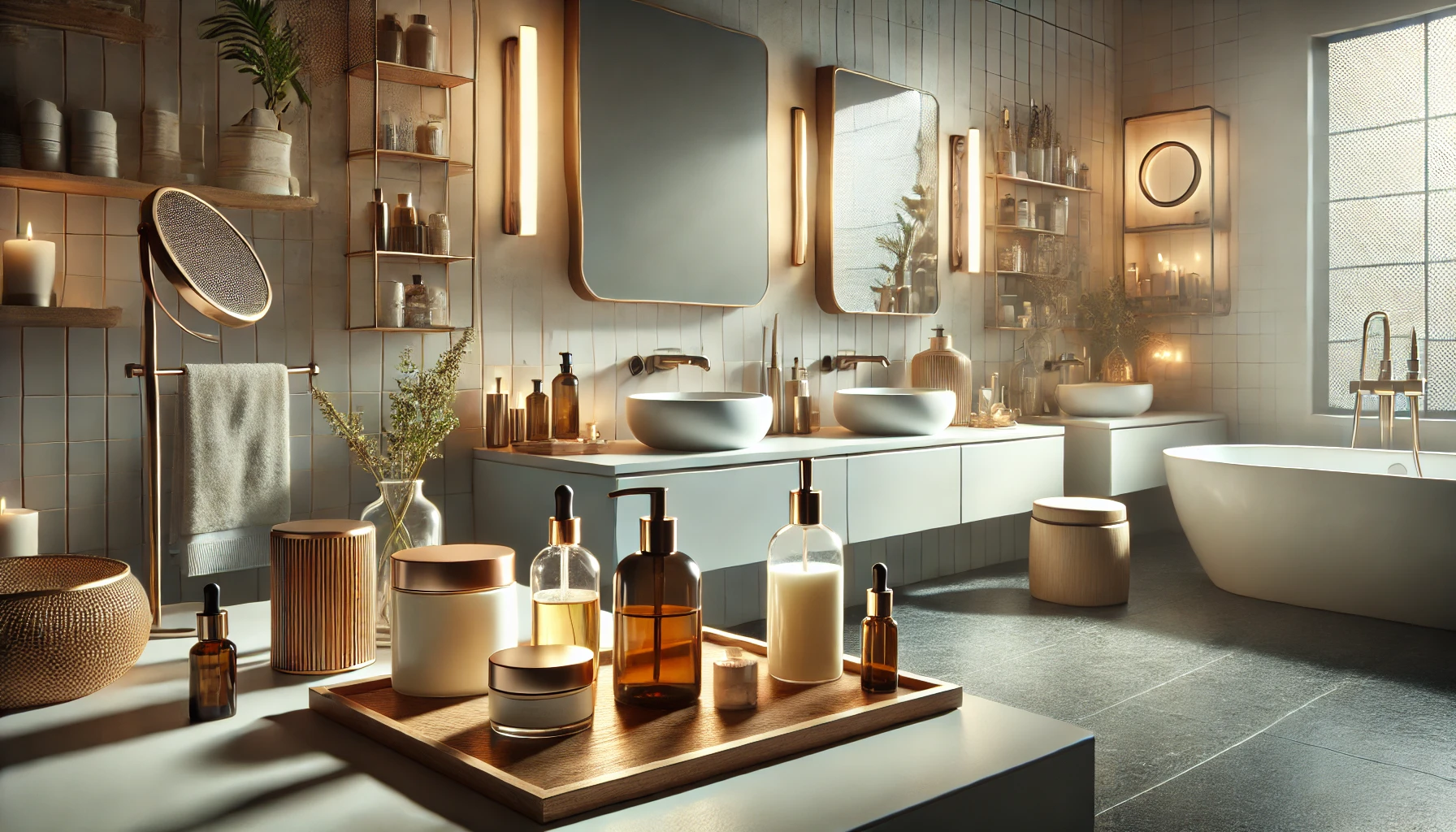 a serene bathroom scene combining modern and classic elements.