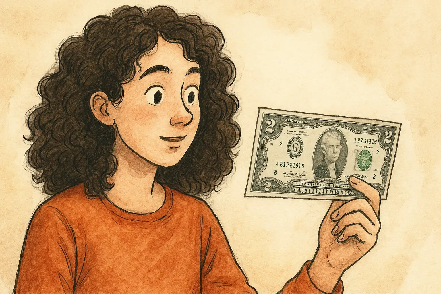 A young woman observes the 1976 2$ bill.