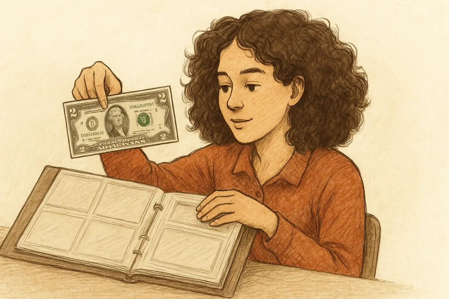 A young woman puts a 1976 2$ bill in her collection.
