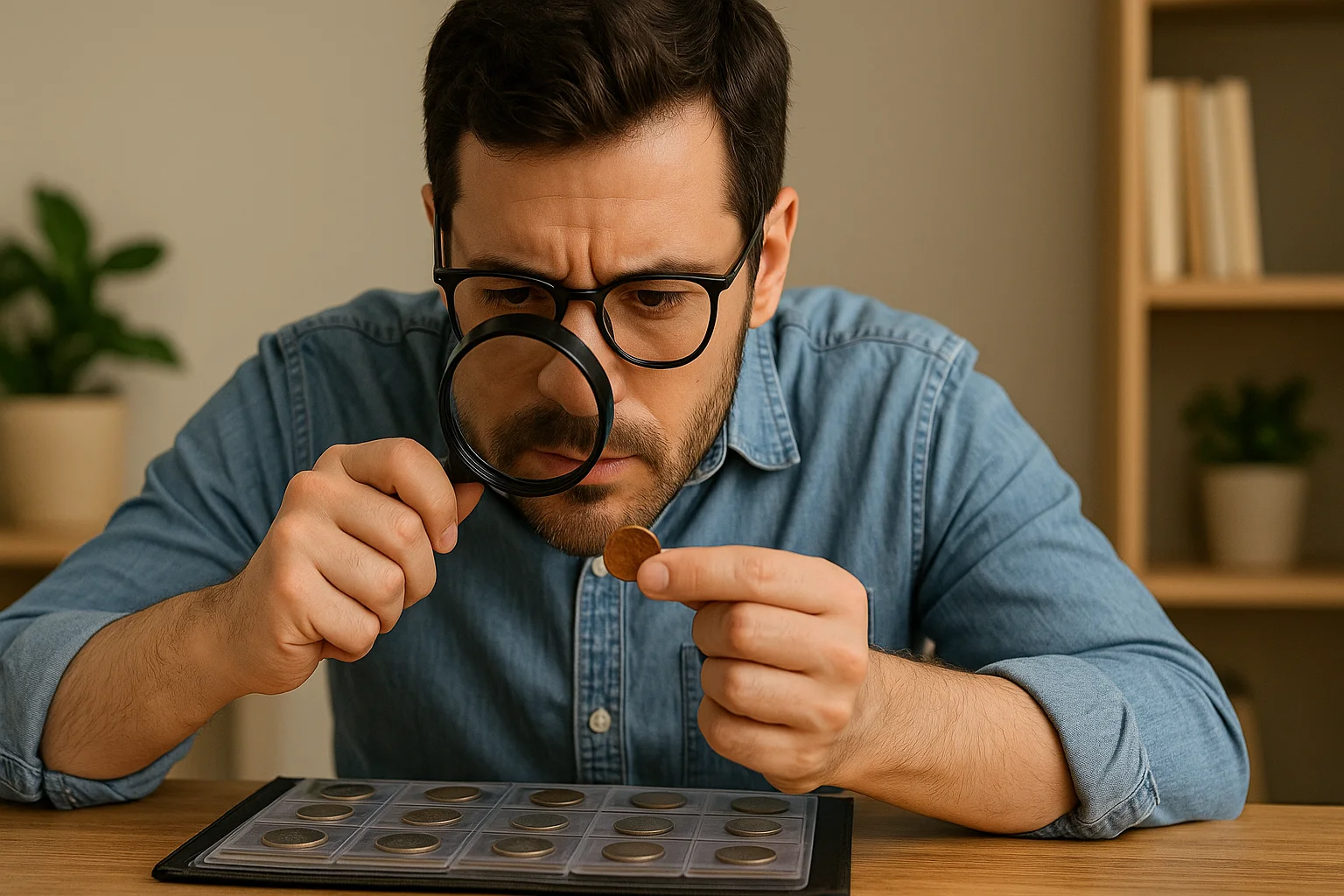 a man holds a coin and looks at it through a loupe